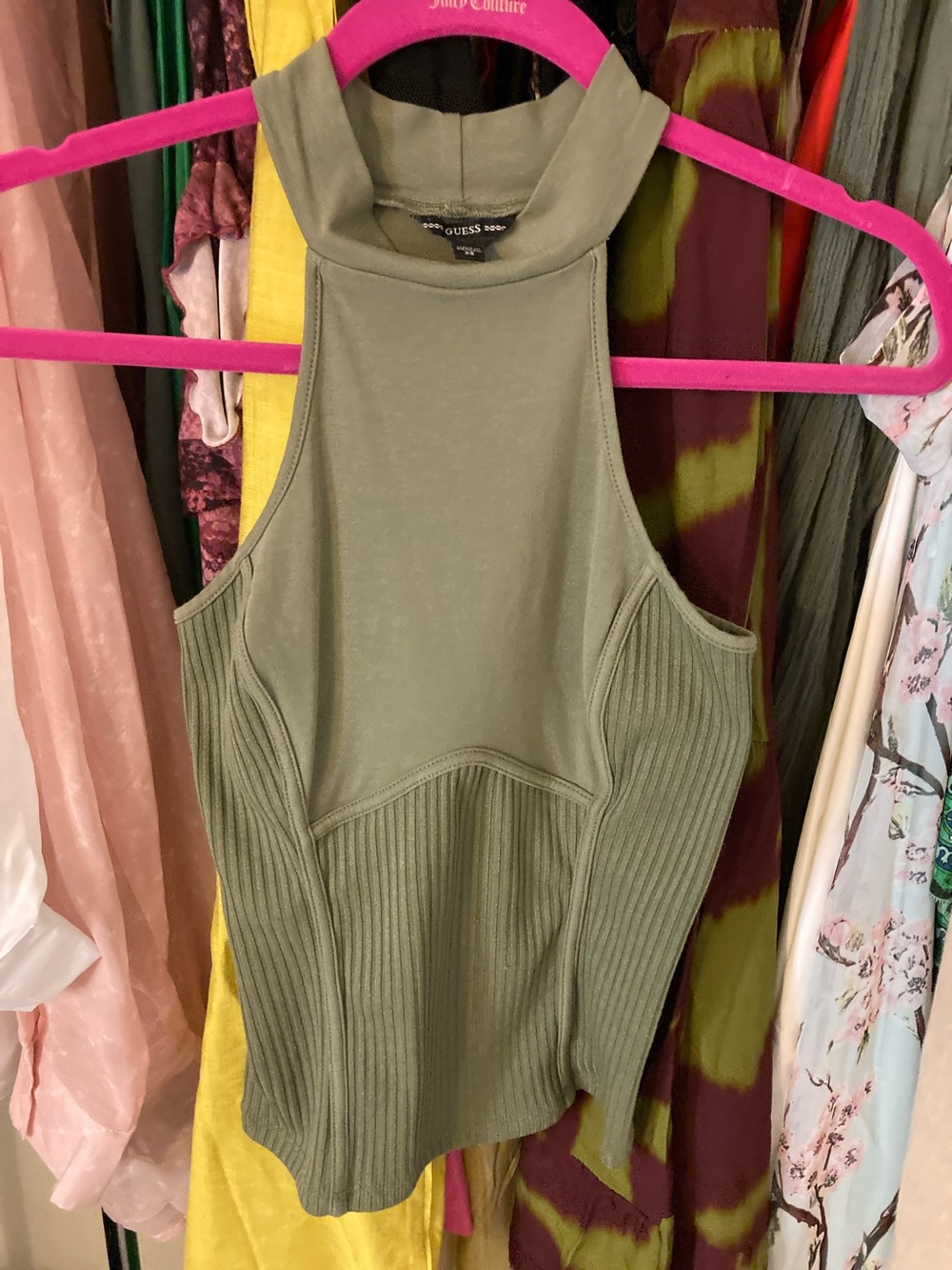 GUESS Olive Green Ribbed Halter Tank